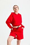 Kırmızı Kapüşonlu Crop Sweatshirt