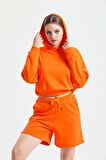 Turuncu Kapüşonlu Crop Sweatshirt
