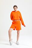 Turuncu Kapüşonlu Crop Sweatshirt