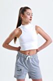 Beyaz Dik Yaka Kol Detaylı %100 Pamuk Crop Top