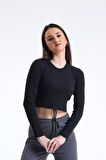 Siyah Bisiklet Yaka Uzun Kollu Fitilli Kaşkorse Crop Bluz