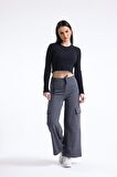 Siyah Bisiklet Yaka Uzun Kollu Fitilli Kaşkorse Crop Bluz