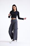 Siyah Bisiklet Yaka Uzun Kollu Fitilli Kaşkorse Crop Bluz