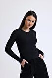 Siyah Bisiklet Yaka Uzun Kollu Fitilli Kaşkorse Bluz