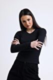 Siyah Bisiklet Yaka Uzun Kollu Fitilli Kaşkorse Bluz