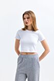 Beyaz Bisiklet Yaka Kısa Kollu Kaşkorse Crop Bluz
