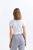 Beyaz Bisiklet Yaka Kısa Kollu Kaşkorse Crop Bluz