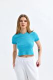 Mavi Bisiklet Yaka Kısa Kollu Kaşkorse Crop Bluz
