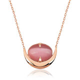 925 Ayar Gümüş Pembe Kedi Gözü Taşlı Hilal Kolye