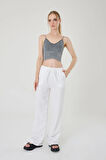 Kadın Beyaz Keten Karışımlı Bol Kesim Pantolon