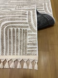 Kaymaz Taban Krem Bej Modern Desenli Yıkanabilir Leke Tutmaz Saçaklı Salon Oturma Odası Mutfak Halı Yolluk