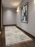 Kaymaz Taban Krem Bej Modern Desenli Yıkanabilir Leke Tutmaz Saçaklı Salon Oturma Odası Mutfak Halı Yolluk