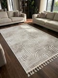 Kaymaz Taban Krem Bej Modern Desenli Yıkanabilir Leke Tutmaz Saçaklı Salon Oturma Odası Mutfak Halı Yolluk