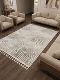 Kaymaz Taban Krem Bej Modern Desenli Yıkanabilir Leke Tutmaz Saçaklı Salon Oturma Odası Mutfak Halı Yolluk