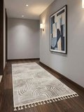 Kaymaz Taban Krem Bej Modern Desenli Yıkanabilir Leke Tutmaz Saçaklı Salon Oturma Odası Mutfak Halı Yolluk