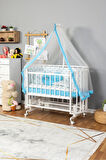 Ahşap Beşik Anne Yanı Beşik Beyaz 60x120 Mavi Balina Uyku Seti Yatak Tekerlekli
