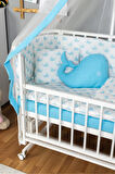 Ahşap Beşik Anne Yanı Beşik Beyaz 60x120 Mavi Balina Uyku Seti Yatak Tekerlekli