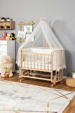 Ahşap Anne yanı 60x120 bebek beşiği Organik (Boyasız) Papatya Bebek Beşiği Krem Güpür Uyku Setli