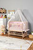 Ahşap Anne yanı 60x120 bebek beşiği Organik (Boyasız) Papatya Bebek Beşiği Pembe Yıldız Uyku Setli