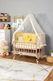 Ahşap Anne yanı 60x120 bebek beşiği Organik (Boyasız) Papatya Bebek Beşiği Sarı Yıldız Uyku Setli + Tekerlek