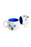 Mavi Papatya Desenli El Yapımı Double Seramik Kupa, Seramik Kupa, Mug, Nescafe Kupası, Handmade