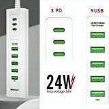 Onesam U04 24W Ultra Hızlı Masa Üstü Şarj Adaptörü 5 USB + 3 TYPE-C 