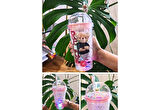 450ML Çift Katman Mika Led Işıklı Buzlu Cam Görünümlü Relax Ayıcık Karakter Pipetli Suluk Pembe 2768