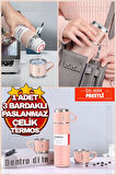 Vakumlu Çay Kahve Sıcak Soğuk Pembe Piknik Kamp Termosu Paslanmaz Çelik 3 Bardaklı 500ML Termos Seti