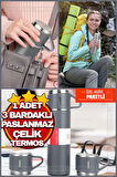 Vakumlu Çay Kahve Sıcak Soğuk Gri Piknik Kamp Termosu Paslanmaz Çelik 3 Bardaklı 500 Ml Termos Seti