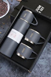 Vakumlu Çay Kahve Sıcak Soğuk Gri Piknik Kamp Termosu Paslanmaz Çelik 3 Bardaklı 500 Ml Termos Seti