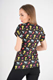 Unisex Cool Cats Club Desenli Doktor Hemşire Hastane Aşçı Mutfak Scrubs Tek Üst Üniforma