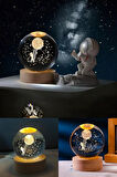 Ledli USB'li Ahşap Standlı Merdivenle Aya Çıkan Astronot Temalı Küre Gün Işığı 3D Oda Gece Lambası