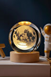 Ledli USB'li Ahşap Standlı Dolunay Küre Temalı Kristal Ay Küre Gün Işığı 3D Oda Masa ve Gece Lambası