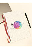 Spiralli Çizgili Satürn Kız Temalı Öğrenci ve Ofis Kullanımı İçin Uygun Defter  80 Yaprak