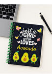 Spiralli Kareli Just A Girl Who Loves Avocado Temalı Öğrenci ve Ofis Kullanımı İçin Uygun Defter 