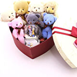 Sevgiliye En Tatlı Hediye Seti Peluş Ayıcık Kalpli Kutuda 7 Mini Peluş Ayıcık Işıklı Kar Küresi Seti