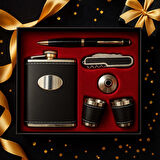 Özel Lüks Hediye Seti – Deri Kaplamalı Çelik Matara, 2 Shot Bardak, Huni, Kalem ve Çakı Tirbuşon 