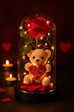 Dekoratif Tasarım Fanus LED Işıklı Kırmızı Gül I Love You Ayıcık Sevgiliye Romantik Aşk Hediye Seti