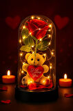 Dekoratif Tasarım Fanus LED Işıklı Kırmızı Gül I Love You Ayıcık Sevgiliye Romantik Aşk Hediye Seti