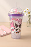 Kuromi Temalı Mor Suluk Pipetli Buzlu Cam Görünümlü 450 ML Çift Katman Mika Su Şişesi 2647 Mor