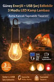 3 ADET Güneş Enerjili USB Şarjlı 3 Modlu LED Asma Kancalı Taşınabilir Kamp Feneri Aydınlatma Lambası