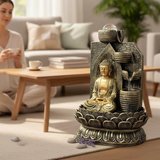 Dekoratif Büyük Şelaleli LED Işıklı Buddha Masaüstü Dekoratif Su Çeşmesi – Akan Su Efektli Feng Shui