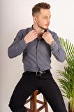 Erkek Füme Armür Desenli Slimfit Gömlek