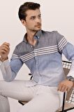 Panolu Gri Mavi Slimfit Keten Gömlek