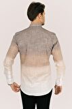 Panolu Kahve Bej Geçişli Slimfit Keten Gömlek