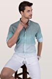 Panolu Yeşil Beyaz Geçişli Slimfit Keten Gömlek