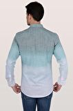 Panolu Yeşil Beyaz Geçişli Slimfit Keten Gömlek