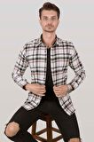 Beyaz Siyah Çizgili Slimfit Oduncu Gömlek