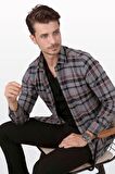 Füme Kırmızı Çizgili Slimfit Oduncu Gömlek