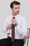 Gömlek Kravat Seti (Bordo Çizgili Kravat & Beyaz Armür Desenli Slimfit Gömlek)